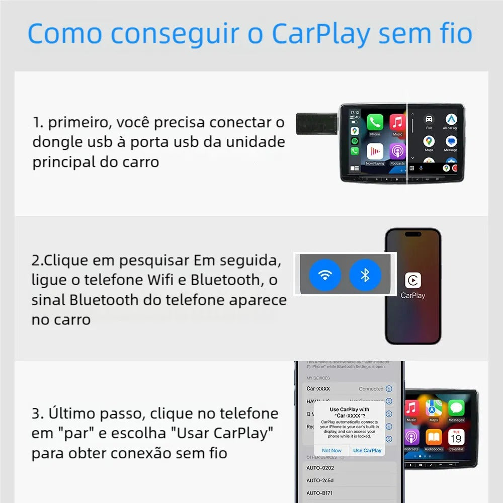 Adaptador sem fio para carro compatível com CarPlay e Android Auto
