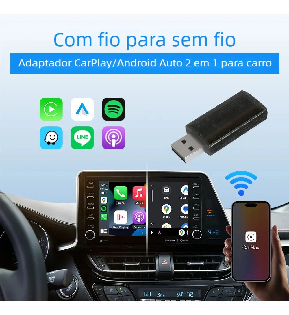 Adaptador sem fio para carro compatível com CarPlay e Android Auto
