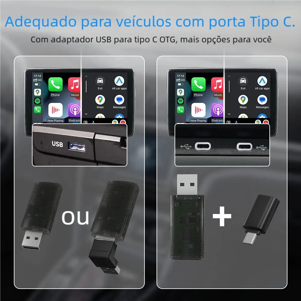Adaptador sem fio para carro compatível com CarPlay e Android Auto