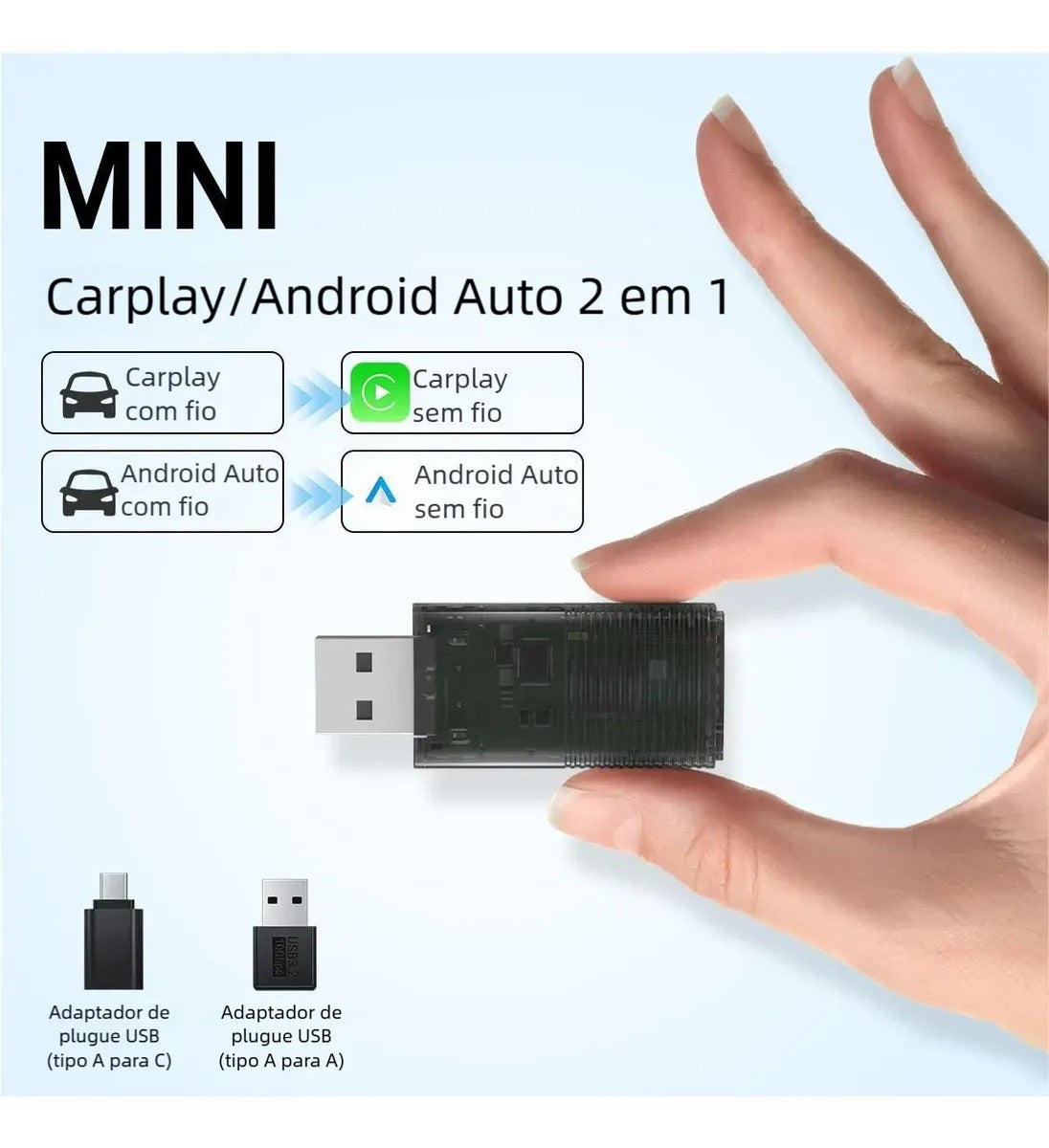 Adaptador sem fio para carro compatível com CarPlay e Android Auto